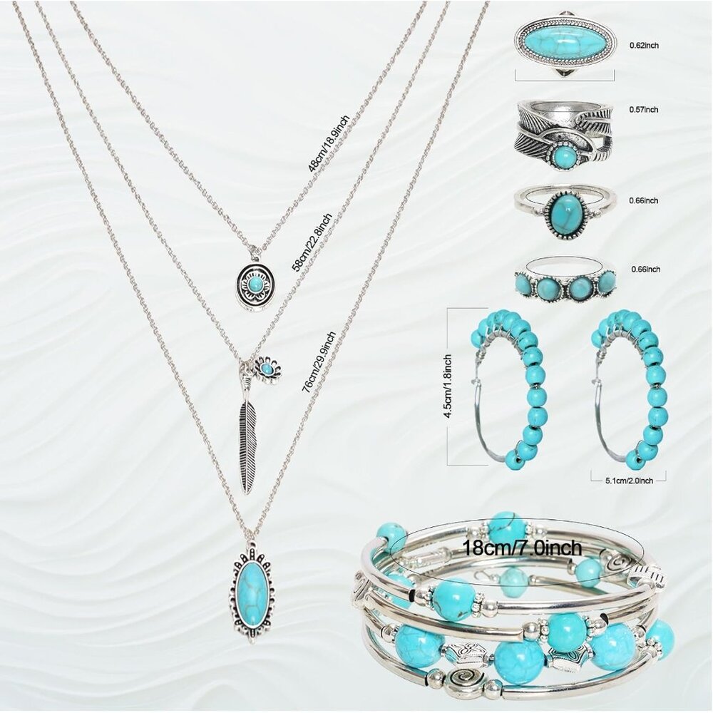 7PCS Bohemian Turquoise Jewelry Set Turquoise Necklace Earrings Rings Western La - Picture 2 of 5